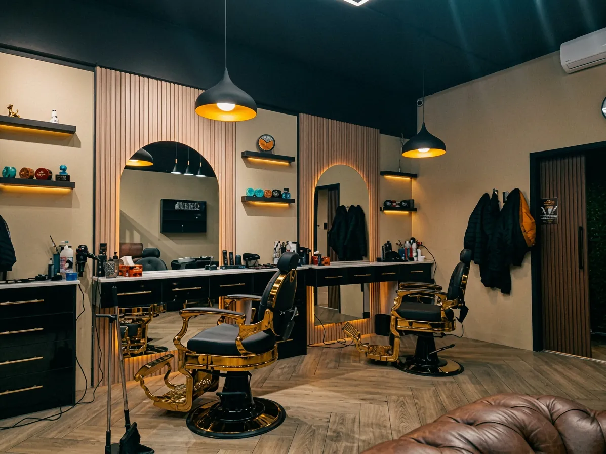 Inside Elevated Barber: two gold-and-black barber chairs in front of arched, back-lit mirrors