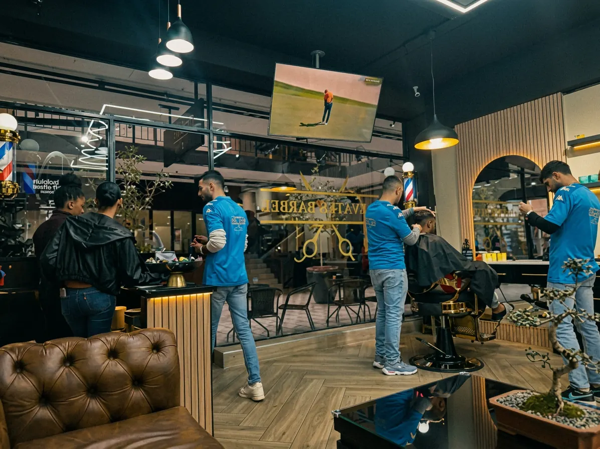 Barbers at work during a busy day at Elevated Barber, with a leather couch in the foreground