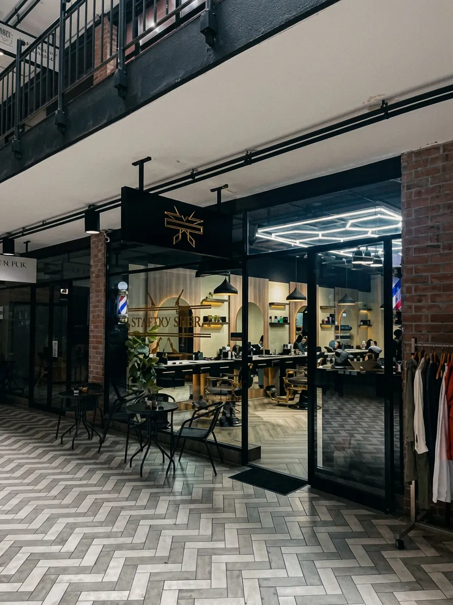 The Elevated Barber shopfront on the Parkview Centre walkway, with tables outside